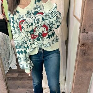 Disney Green and White Mickey and Minnie Sweater